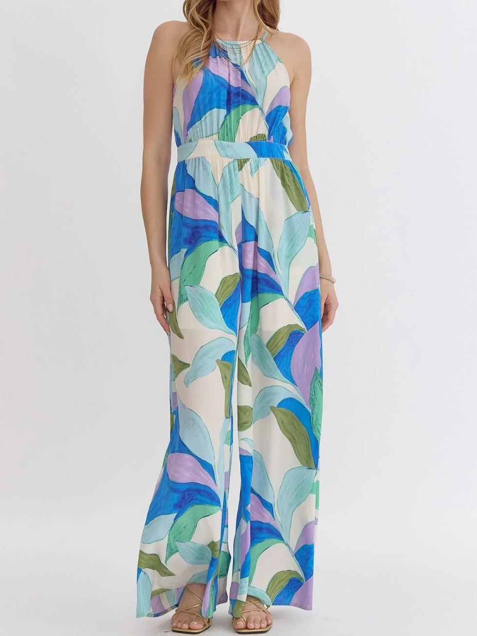 Entro Multicolor Floral Print Halter Jumpsuit - Blue Green Purple Cream